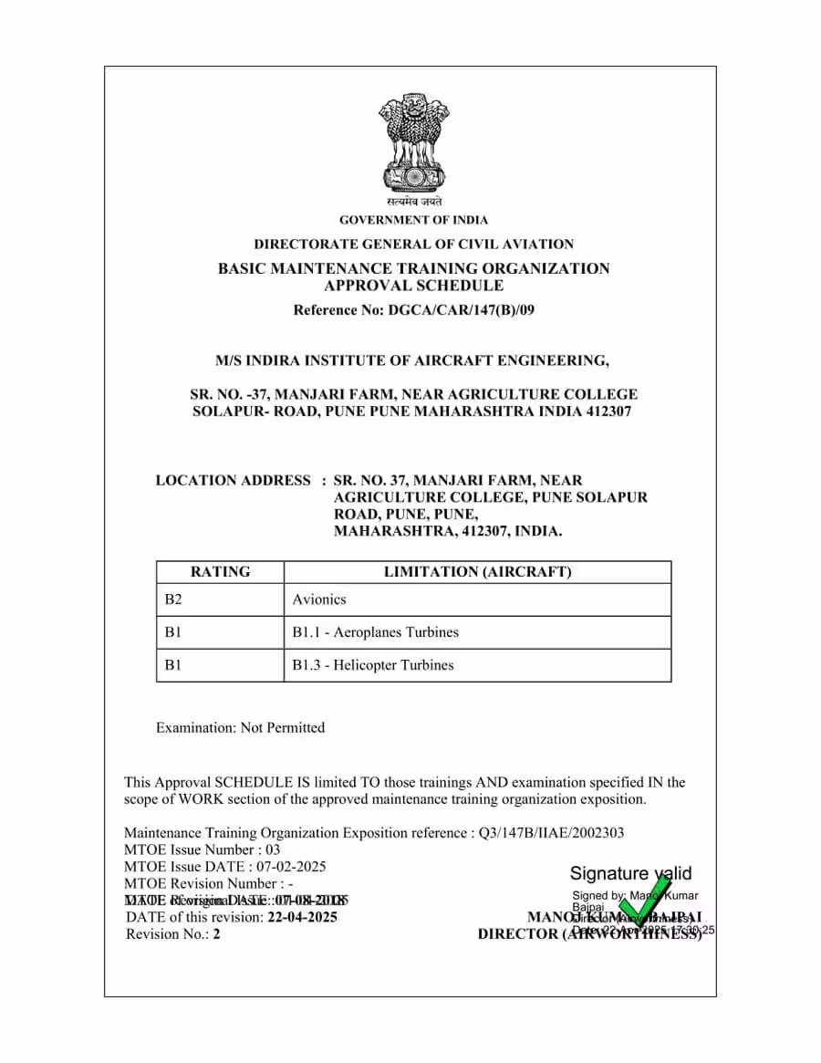 DGCA B1.3 Helicopter Turbine Course Approval Letter
